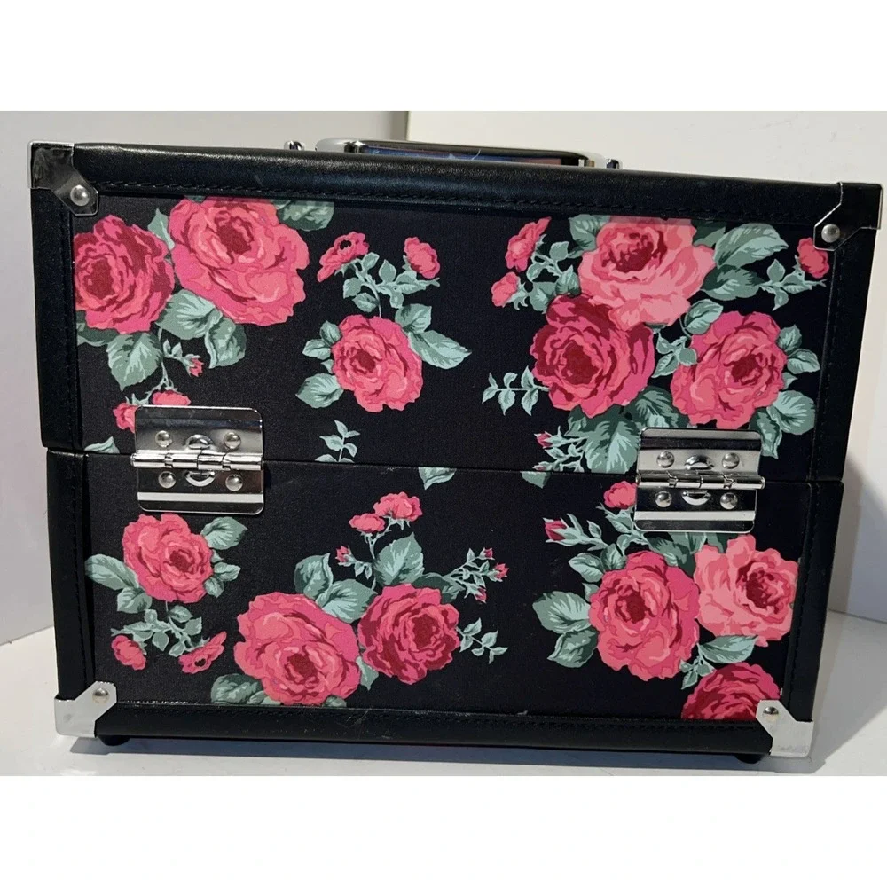 Make-up‎ 2 Tiered Shelves Travel Case Hardshell Black Roses